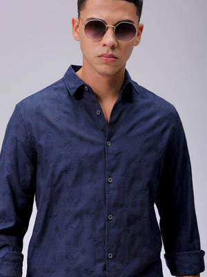 The Indian Garage Co. Men Self Design Casual Dark Blue Shirt
