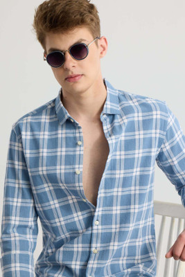 U TURN Men Printed Casual Blue, White Shirt