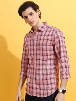 HIGHLANDER Men Checkered Casual Pink Shirt