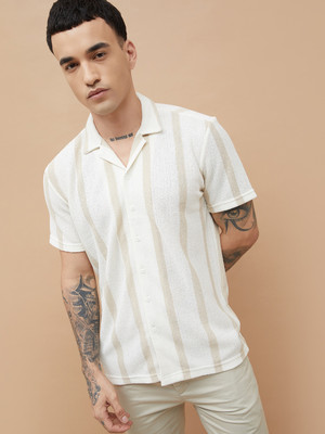 Fame Forever by Lifestyle Men Striped Casual White, Beige Shirt