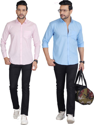Wristy Men Solid Casual Pink, Blue Shirt(Pack of 2)