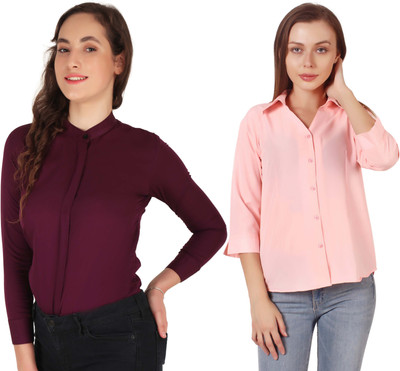 Miranga Women Solid Casual Light Blue Shirt(Pack of 2)