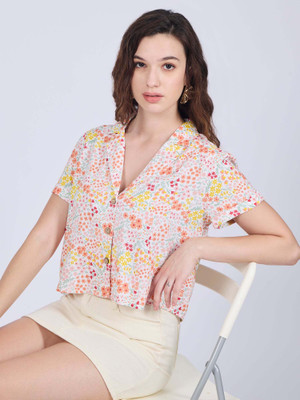 OUTZIDR Women Printed Casual White Shirt