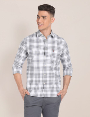 U.S. POLO ASSN. Men Checkered Casual Grey, White Shirt