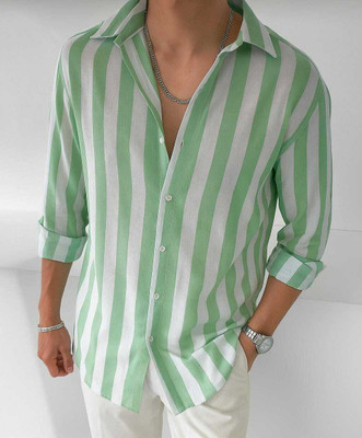 Kizyoo Men Striped Party Green, White Shirt