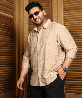 Instafab Plus Men Self Design Casual Beige Shirt