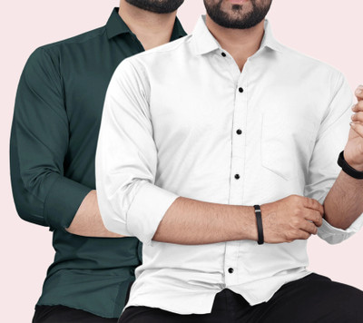 CLOSWIF Men Solid Casual Green, White Shirt(Pack of 2)