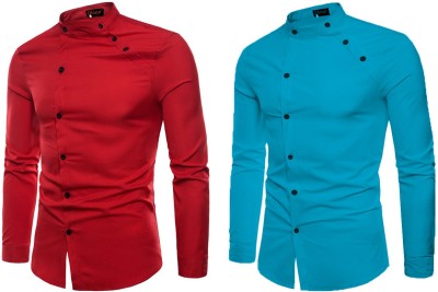 Qlonz Store Men Solid Casual Red, Light Blue Shirt(Pack of 2)