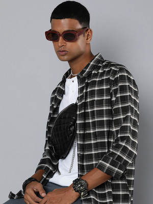 R.Code by The Roadster Life Co. Men Checkered Casual Black Shirt