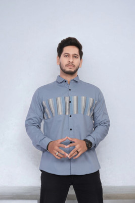 U AND J TREND Men Striped Casual Blue Shirt