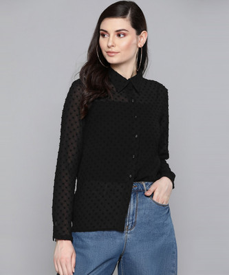 SASSAFRAS Women Self Design Casual Black Shirt