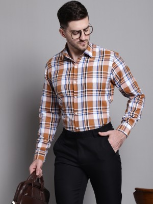 JAINISH Men Checkered Formal Orange Shirt