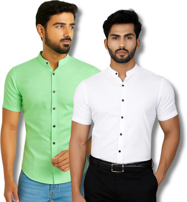 RANGFIT Men Solid Casual Light Green, White Shirt(Pack of 2)