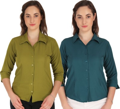 HEAVENS CREATIONS Women Solid Formal Green, Blue Shirt(Pack of 2)