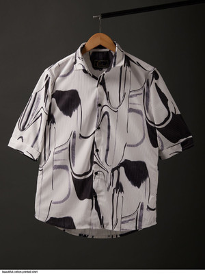 Kesar Collection Men Floral Print, Geometric Print, Striped Lounge Wear White, Black Shirt