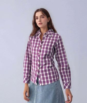 OUTZIDR Women Checkered Casual Purple Shirt