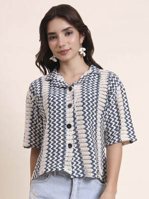 Sofisty Women Printed Beach Wear Blue Shirt
