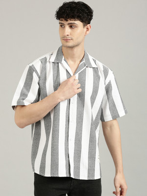 JOVEN Men Striped Casual White, Black Shirt