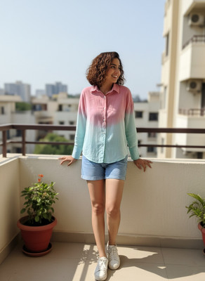 maaesa Women Dyed/Ombre Casual Pink, Light Blue Shirt