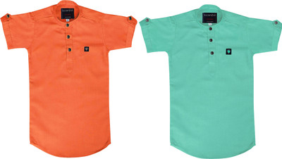Kuwarshah Boys Solid Casual Orange, Light Blue Shirt(Pack of 2)