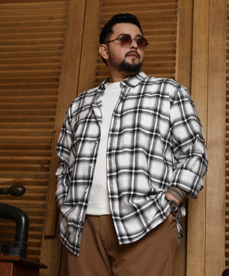 Instafab Plus Men Checkered Casual Black, White Shirt