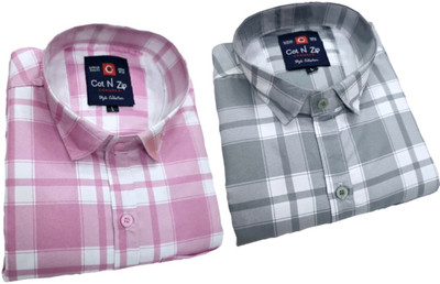 COTnZIP Men Checkered Casual Pink, Grey, White Shirt(Pack of 2)