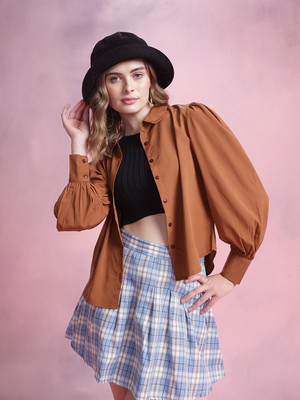 Dressberry Women Solid Casual Brown Shirt