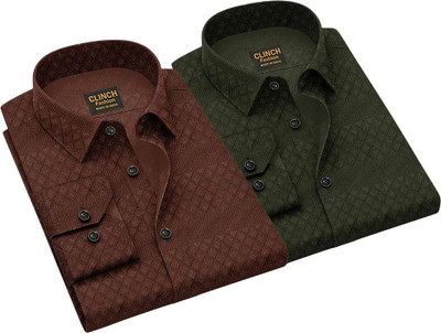 clinch fashion Men Self Design Casual Dark Green, Brown Shirt(Pack of 2)
