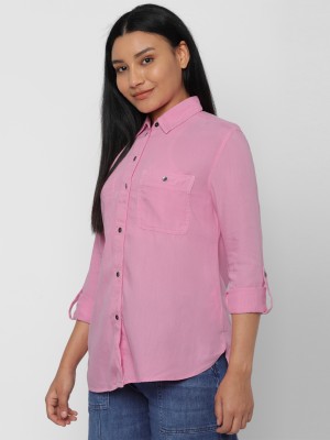 American Eagle Women Solid Casual Pink Shirt