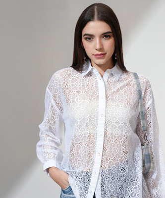 Tokyo Talkies Women Self Design Casual White Shirt