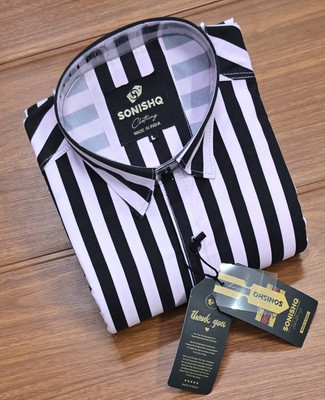 SONISHQ Men Striped Casual White, Black Shirt