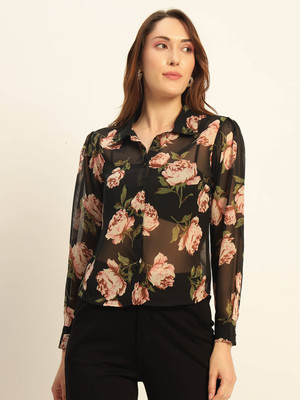 CHEMISTRY Women Floral Print Party Black Shirt