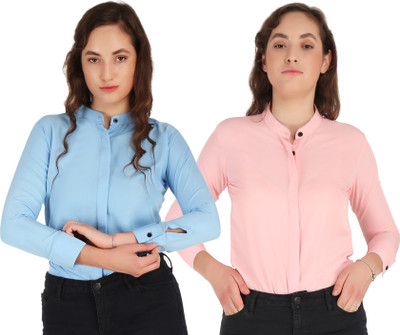 Giggles Women Solid Formal Blue, Pink Shirt(Pack of 2)
