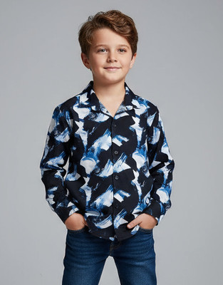 Azlan Boys Printed Casual Blue Shirt