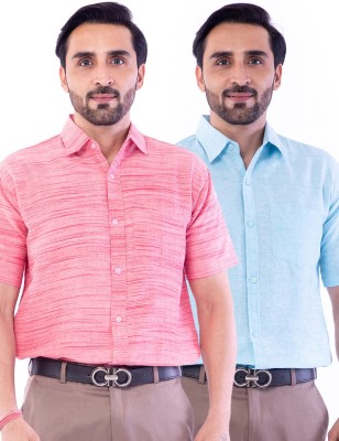 J&G Men Self Design Formal Pink, Light Blue Shirt