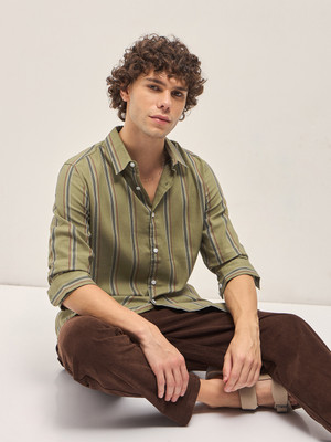 THE BEAR HOUSE Men Striped Casual Green Shirt