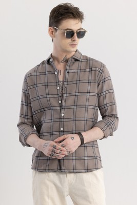 Snitch Men Checkered Casual Brown Shirt