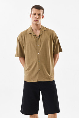 Snitch Men Self Design Casual Beige Shirt