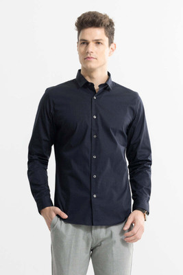 Snitch Men Solid Casual Dark Blue Shirt