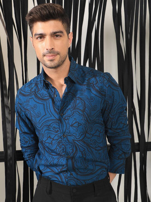 RARE RABBIT Men Printed Formal Blue Shirt