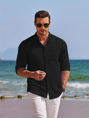 Leriya Fashion Men Self Design Casual Black Shirt