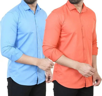 Hansroop Men Solid Casual Orange, Light Blue Shirt(Pack of 2)