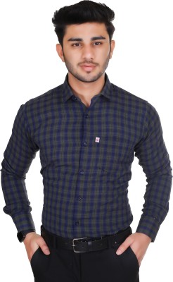 Marc Laurent Men Checkered Formal Dark Blue, Dark Green Shirt