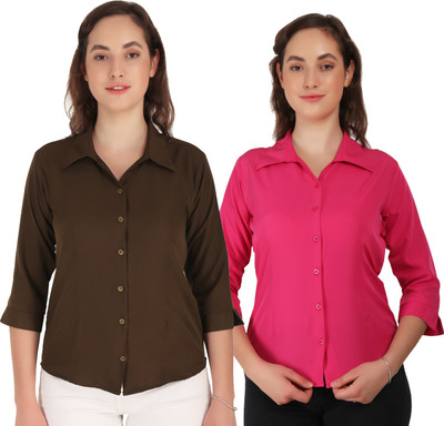 Hunoor Women Solid Formal Brown, Pink Shirt(Pack of 2)