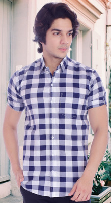 BASE 41 Men Checkered Casual Blue Shirt