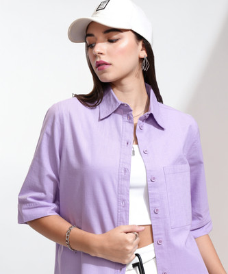 Tokyo Talkies Women Solid Casual Purple Shirt