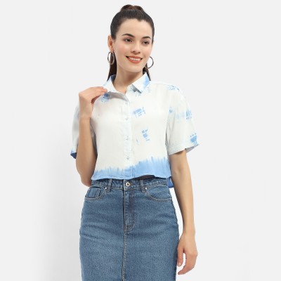 MADAME Women Dyed/Ombre Casual Light Blue, White Shirt