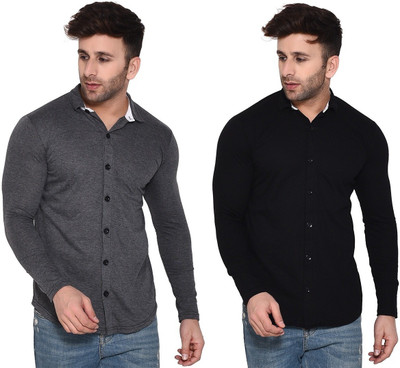 GEUM Men Self Design, Solid Casual Black, Grey Shirt(Pack of 2)