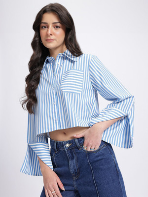 Glitchez Women Striped Casual Blue Shirt