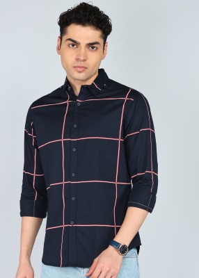 Dennis Lingo Men Checkered Casual Dark Blue Shirt